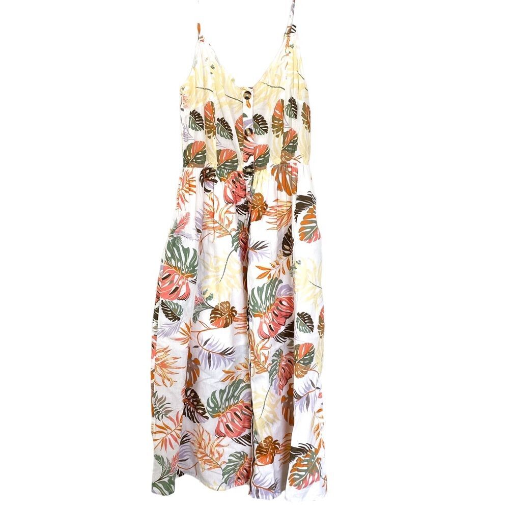 Asos Vila White Orange Floral Tropical Button Midi Sleeveless Linen Dress Small